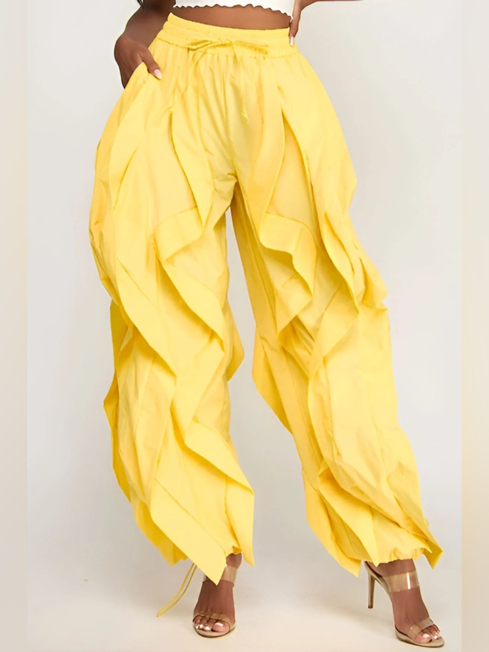 Yellow Ruffle Wide-Leg Wavy Drawstring Pants - Picture 5 of 16